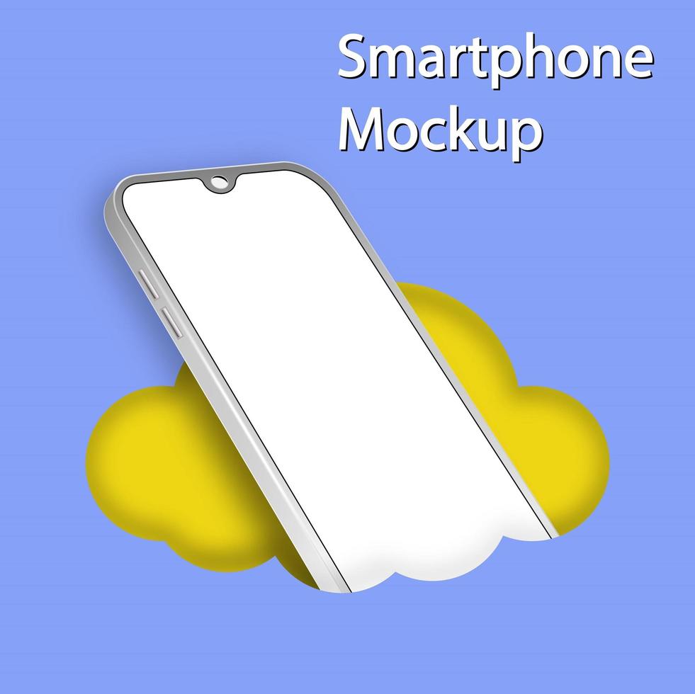 White realistic smartphone mockup in the hole. Vector 3d mobile phone with blank white screen. Modern cell phone template on a blue background in the cloud. 3d device screen illustration