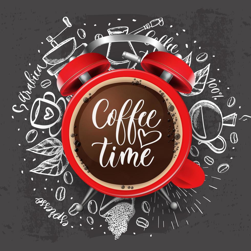 Red alarm clock with coffee foam and doodle sketch illustration of cafe beans, beverage details for cafe menu. vector