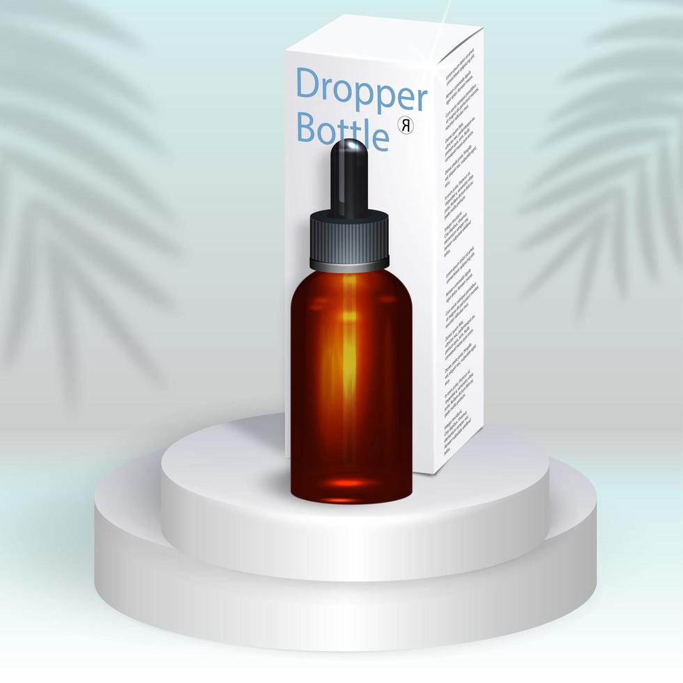 Realistic skin care packaging mockup. Brown bottle and dropper box template on tropical background with pedestal. vector