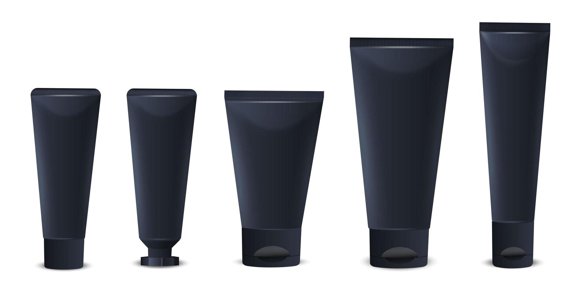 Vector 3d realistic plastic, black tube, toothpaste, packaging with black cap isolated on white background. Design template of toothpaste, cosmetics, mockup cream. Foreground