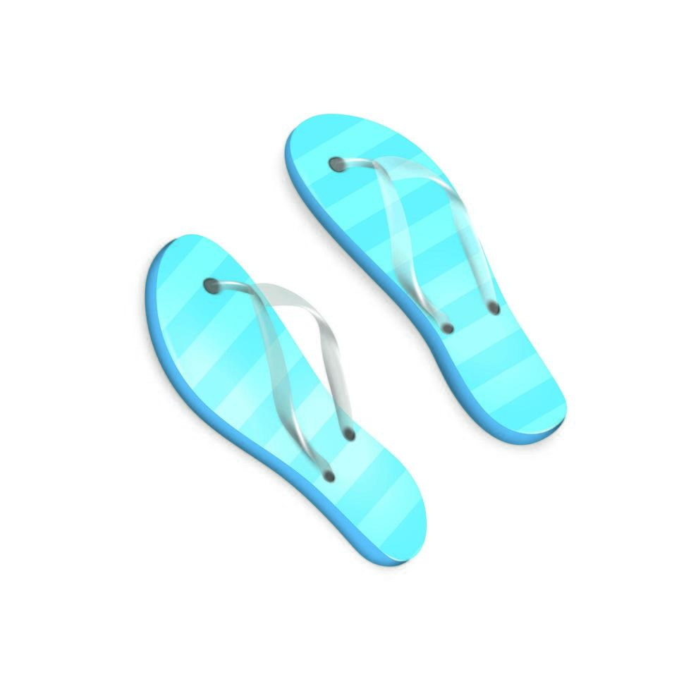 chanclas de rayas azules con sombra. calzado para la playa, paseos, juegos, saunas, visita a atracciones acuáticas. vector de diseño realista. eps 10.