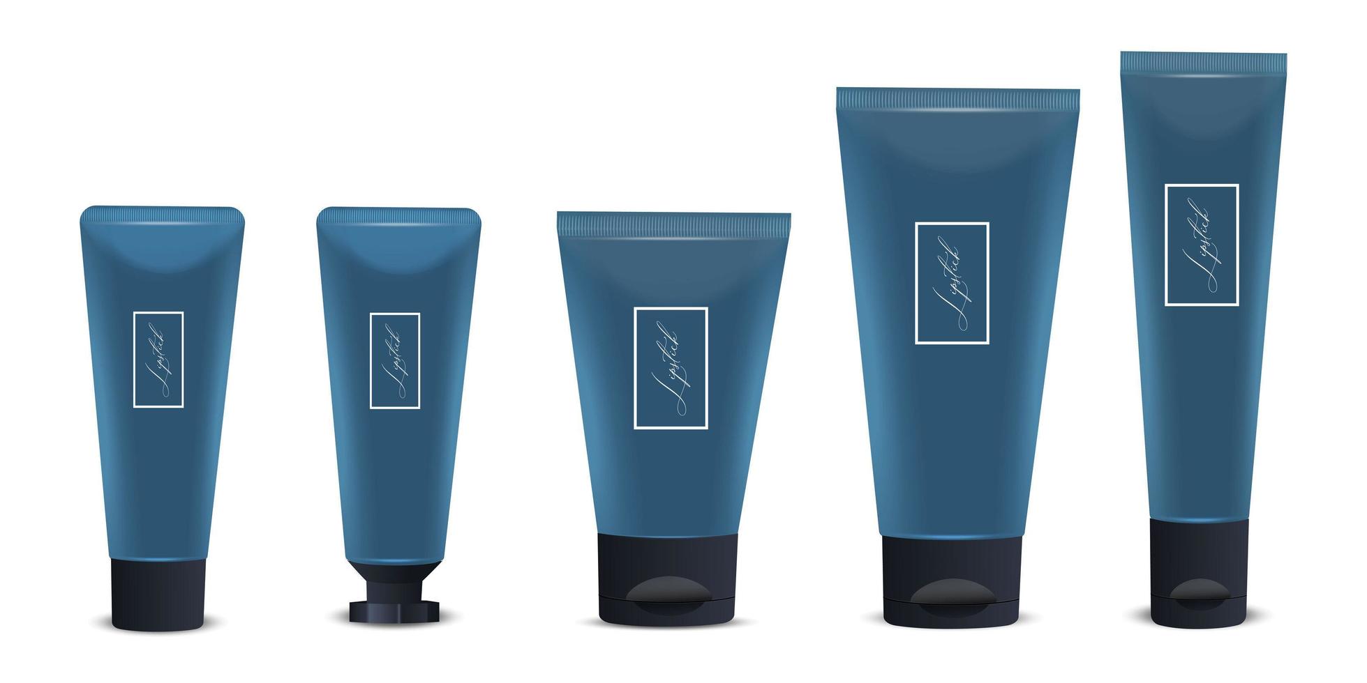 Vector 3d realistic plastic, blue tube packaging with black cap on white background. Design template of toothpaste, cosmetics, cream mockup. Foreground