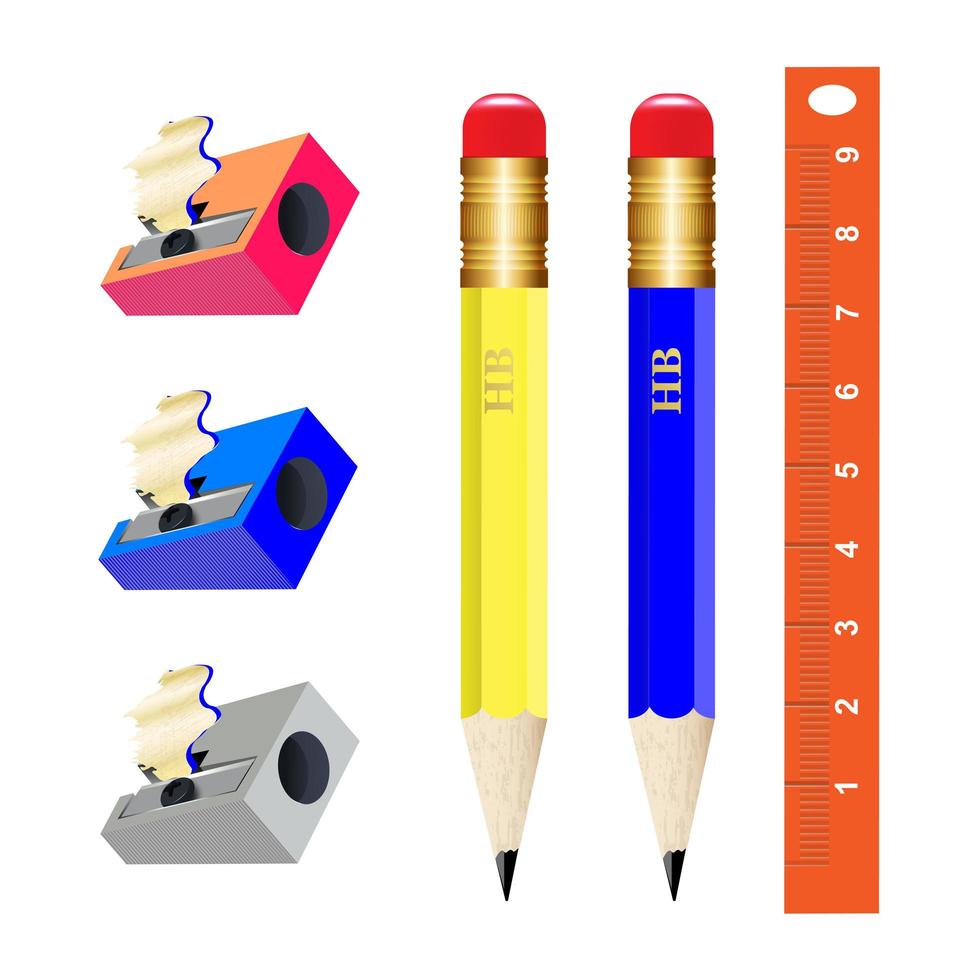 Set of school student pencil sharpener with shavings, pencil, ruler. Vector illustration of office supplies. Design for school poster, signboard, booklet, notebook