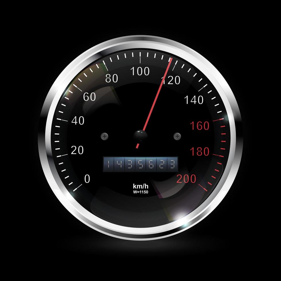 Speedometer. Round black caliber with chrome bezel. Vector 3d illustration