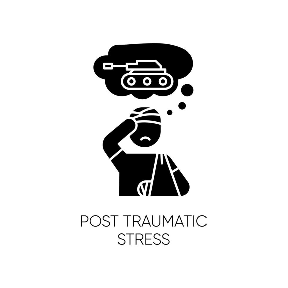 Post-traumatic stress glyph icon. Veteran with anxiety. Depressed soldier. Distress thoughts. PTSD psychotherapy. Mental disorder. Silhouette symbol. Negative space. Vector isolated illustration