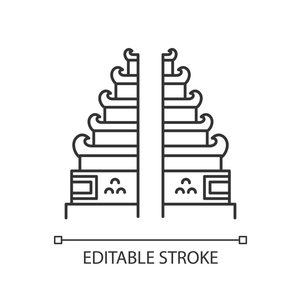 icono lineal del templo pura lempuyang. lugares religiosos de Indonesia. puerta de entrada dividida candi bentar hinduista. Ilustración de línea fina. símbolo de contorno. dibujo de contorno aislado vectorial. trazo editable vector