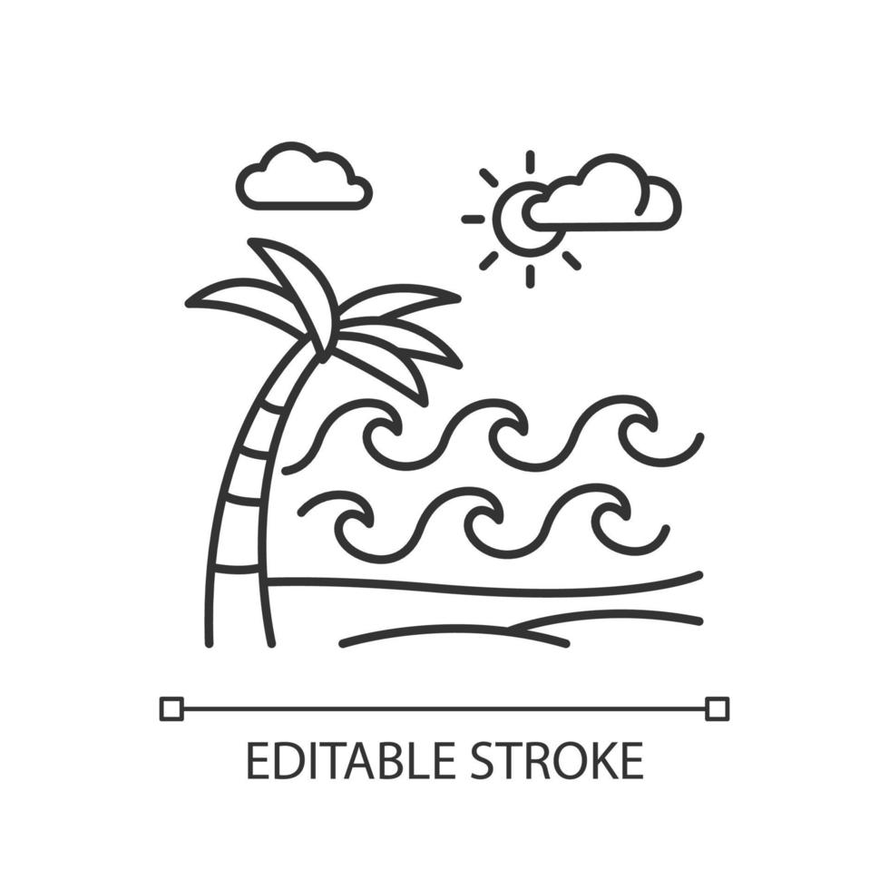 Waves on sandy beach linear icon. Seaside with palm. Trip to Indonesian islands. Sunny sea coast in Bali. Thin line illustration. Contour symbol. Vector isolated outline drawing. Editable stroke