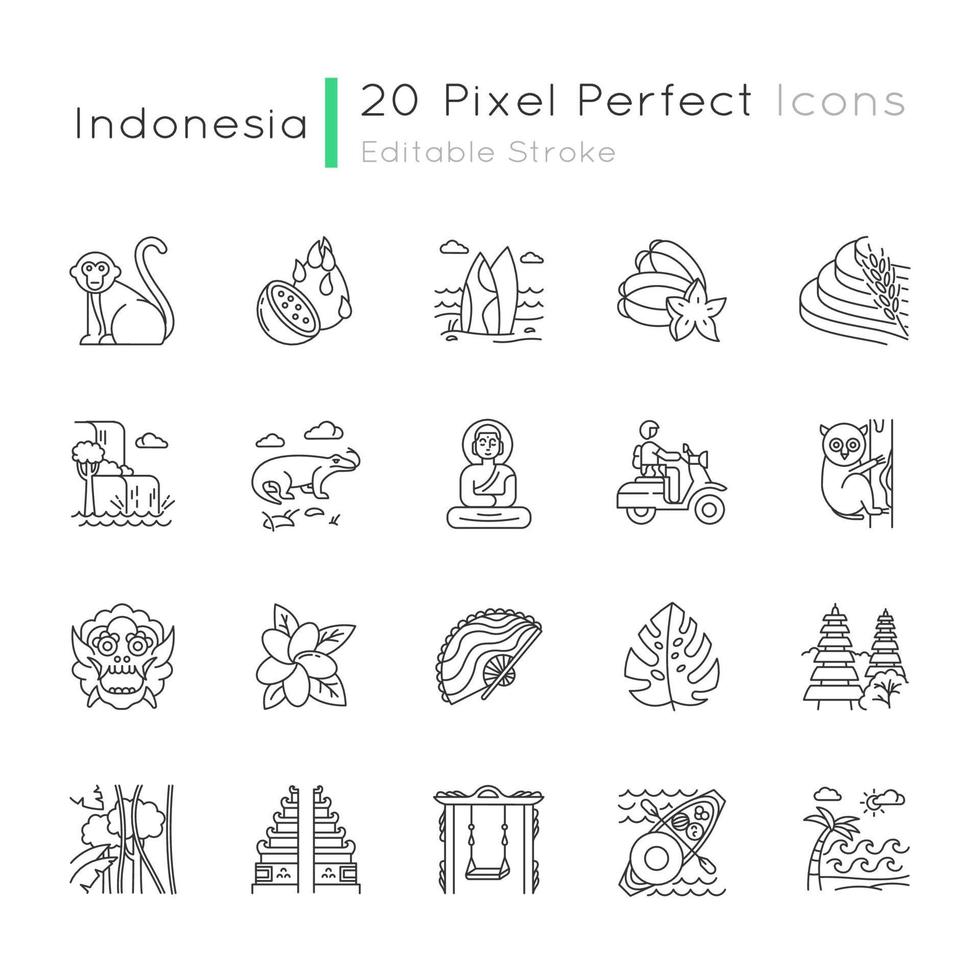 Conjunto de iconos lineales de Indonesia. animales del campo tropical, plantas. islas indonesias. tradiciones exóticas. símbolos de contorno de línea fina. ilustraciones de contorno de vector aislado. trazo editable. pixel perfecto