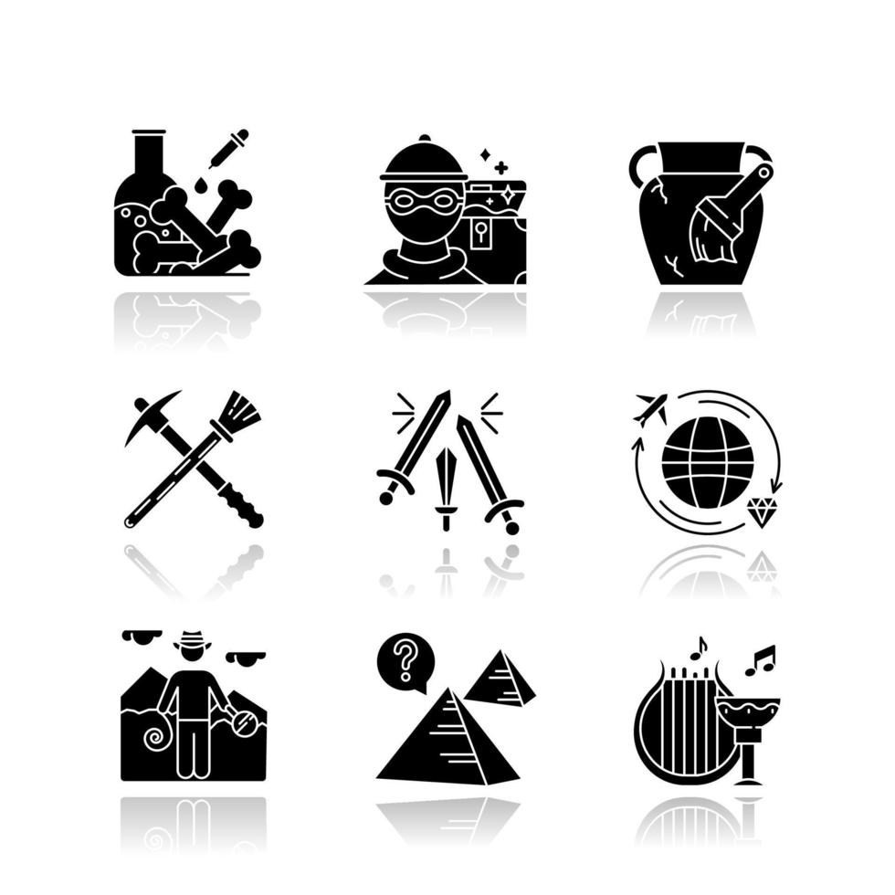 Archeology drop shadow black glyph icons set. Lab research. Marauding. Artifact restoration. Sword fight. Treasure hunt. Researcher. Pyramid mystery. Ancient culture. Isolated vector illustrations