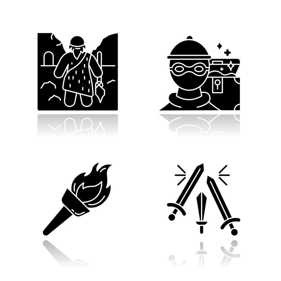 Archeology drop shadow black glyph icons set. Prehistoric man. Caveman. Marauding. Treasure hunt. Flambeau. Flaming torch. Beacon. Sword fight. Weapons clash in battle. Isolated vector illustrations