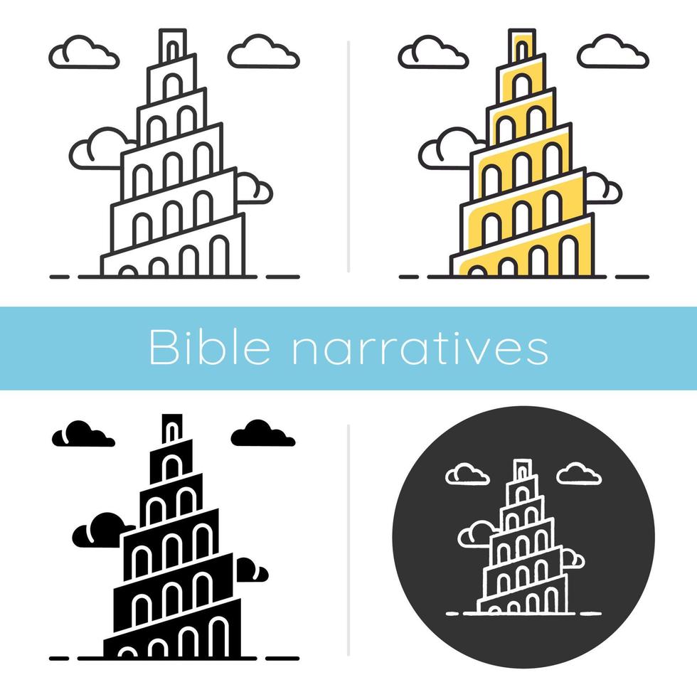 Babel Tower Bible story icon. Ziggurat. High structure in Babylonia. Religious legend. Exodus Biblical narrative. Glyph, chalk, linear and color styles. Isolated vector illustrations