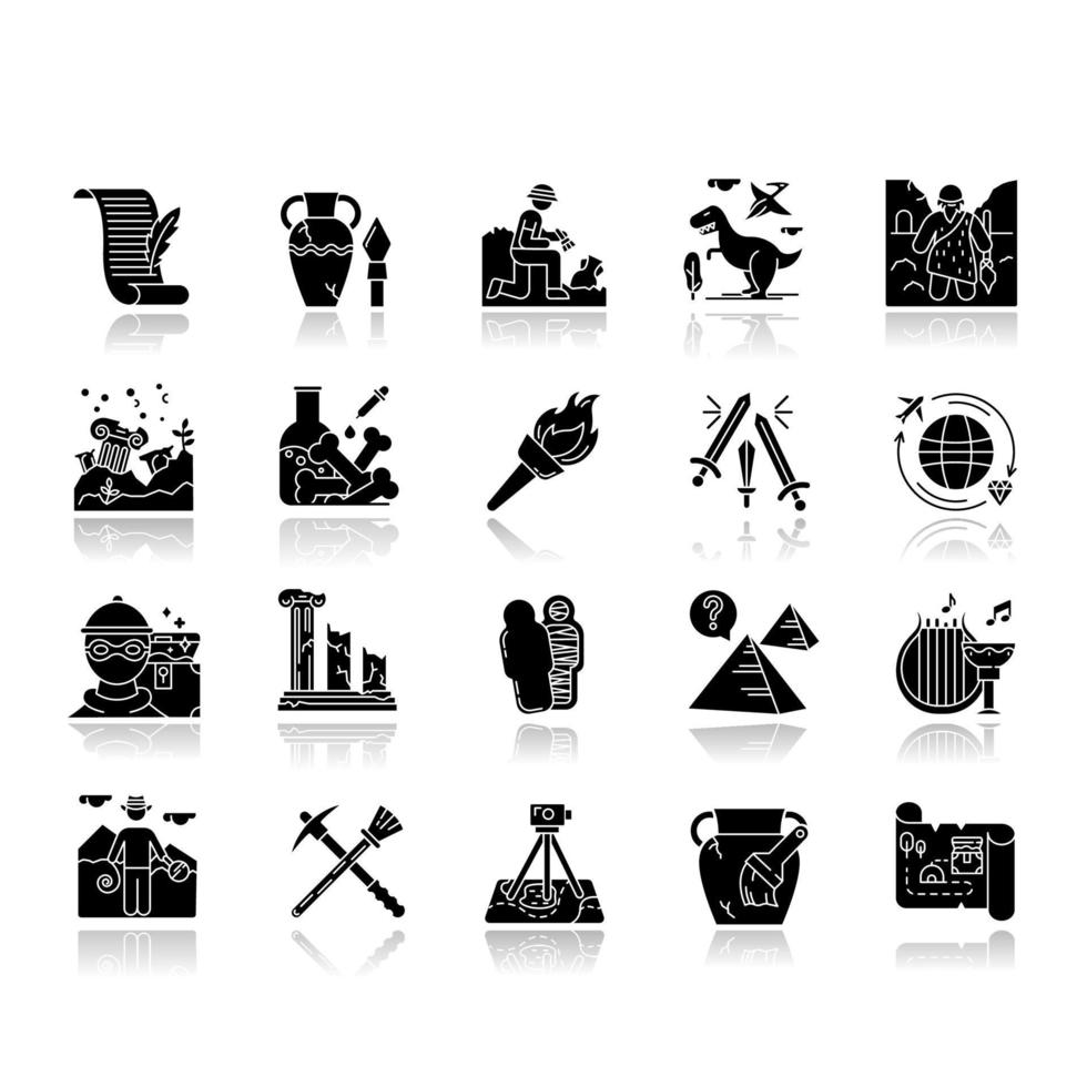 Archeology drop shadow black glyph icons set. Researcher on excavation. Ancient artifacts. Prehistoric life, culture. Field research. Vase restoration. Burning flambeau. Isolated vector illustrations