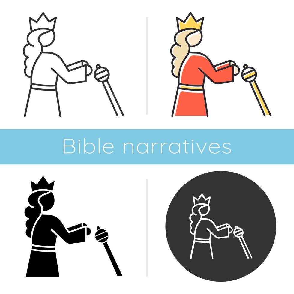 Queen Esther Bible story icon. Persian queen in crown. Religious legend. Christian religion. Old Testament Biblical narrative. Glyph, chalk, linear and color styles. Isolated vector illustrations