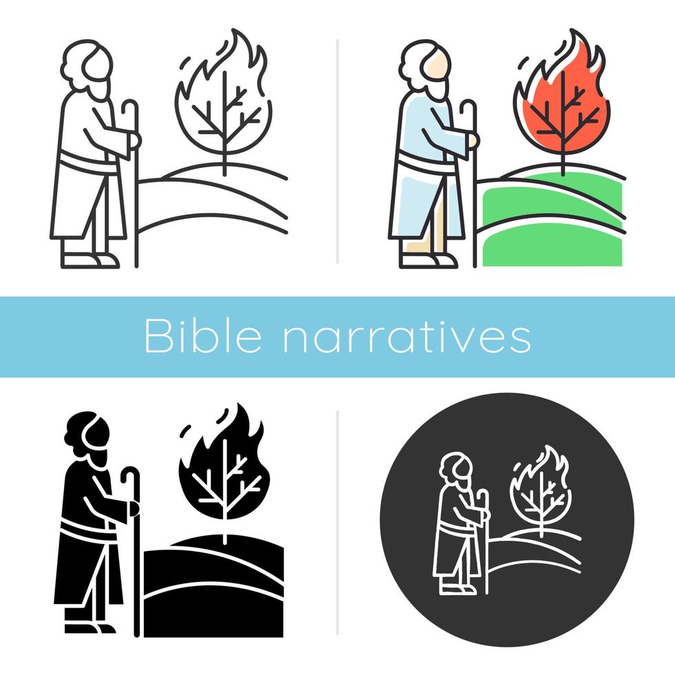 Moses and the burning bush Bible story icon. Prophet and tree in flame. Religious legend. Biblical narrative. Glyph, chalk, linear and color styles. Isolated vector illustrations