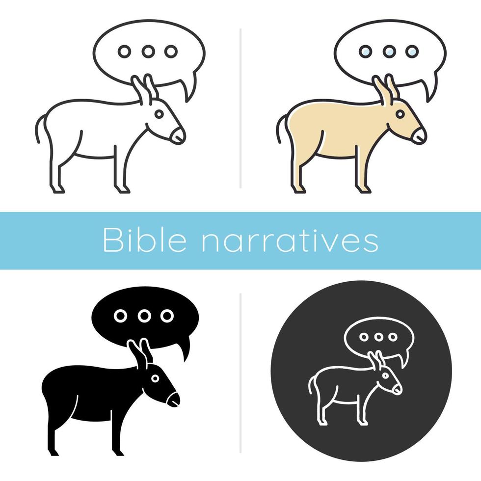 Balaam Donkey Bible story icon. Speaking animal and speech cloud. Religious legends. Christian religion. Biblical narrative. Glyph, chalk, linear and color styles. Isolated vector illustrations