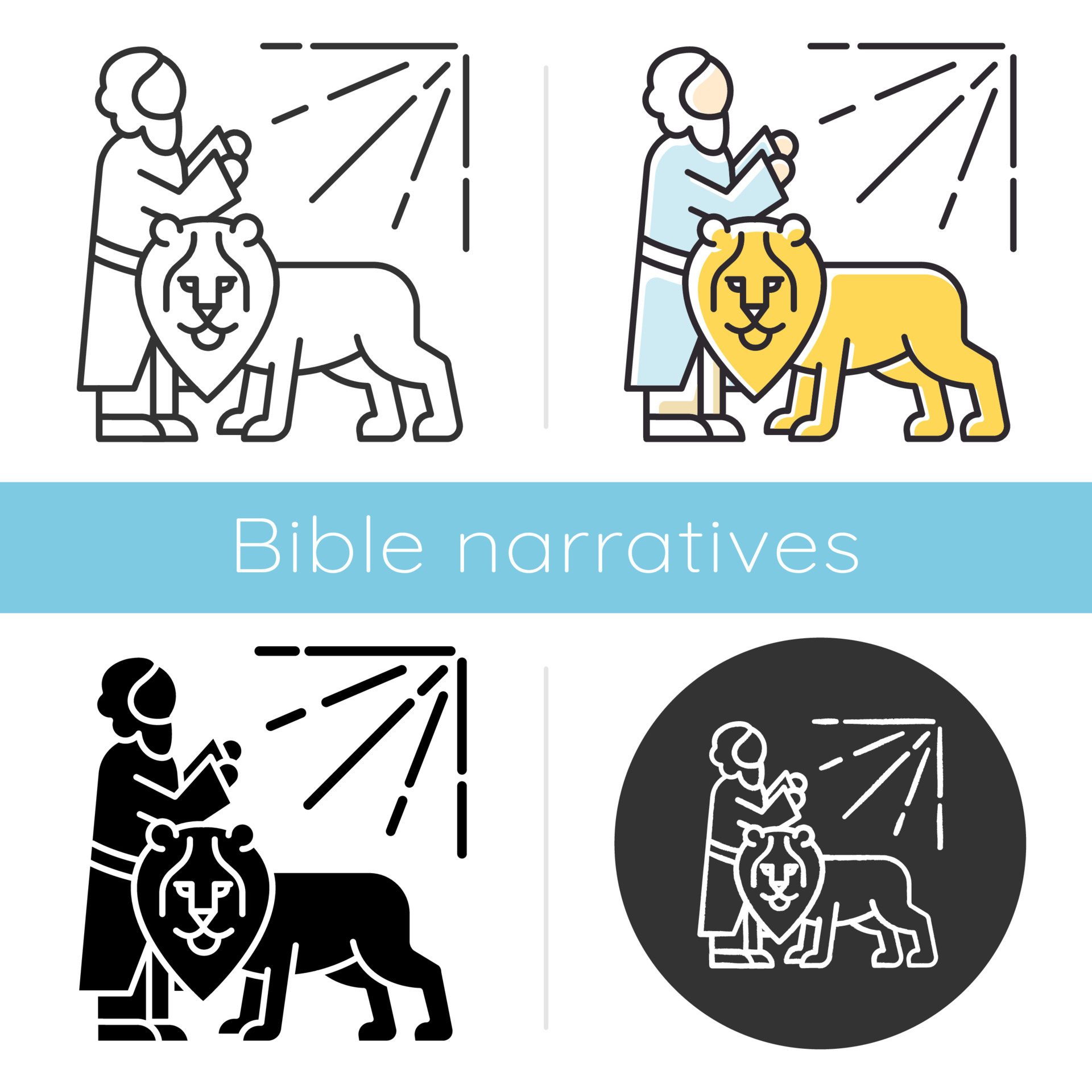 Daniel in lion den Bible story icon. Legendary hero praying. Religious