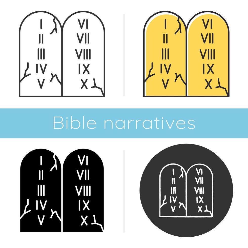 Ten Commandments Bible story icon. Biblical laws written on stone tablets. Religious legend. Holy book narrative, sacred scene. Glyph, chalk, linear and color styles. Isolated vector illustrations