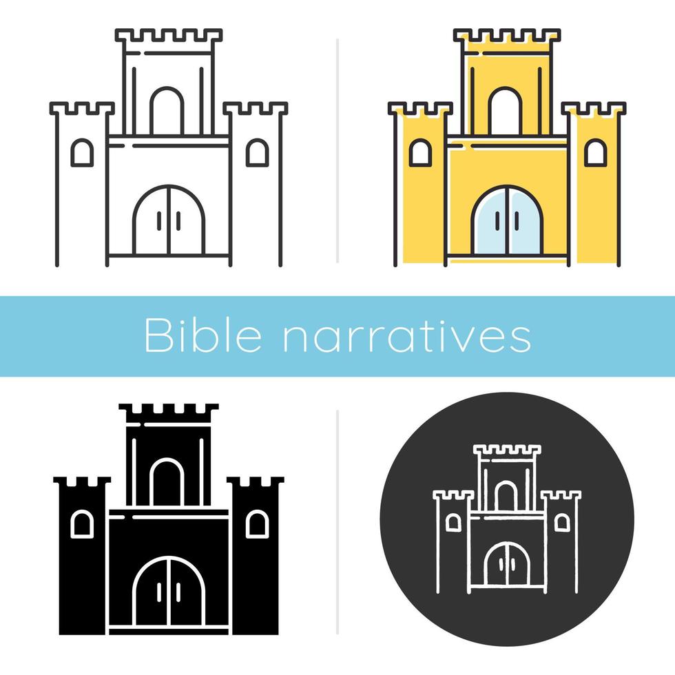 Solomon temple Bible story icon. Jerusalem king castle. Worship building. Religious legend. Holy book scene. Biblical narrative. Glyph, chalk, linear and color styles. Isolated vector illustrations