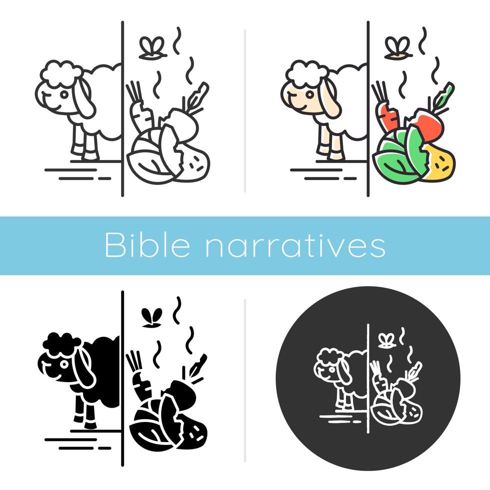 Cain and Abel Bible story icon. Offering for God. Flock and crop sacrifices. Religious legend. Christian religion. Biblical narrative. Glyph, chalk, linear, color styles. Isolated vector illustrations