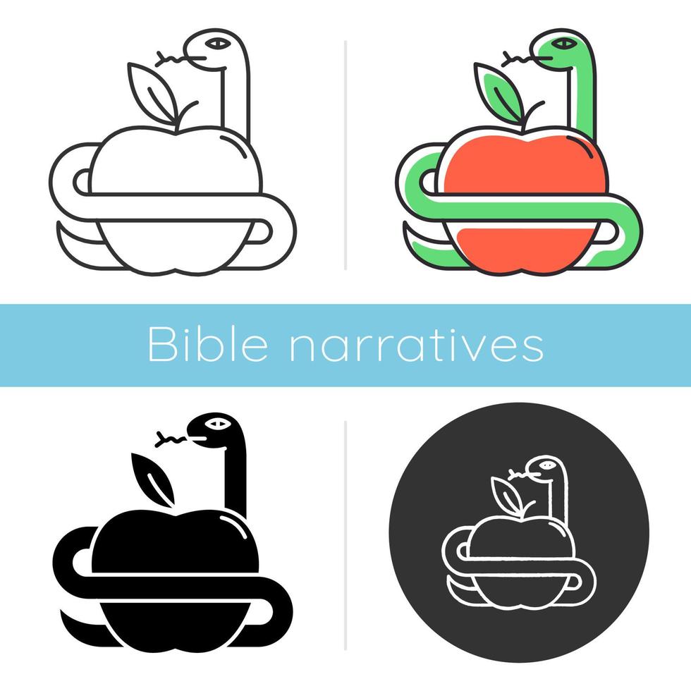 Adam and Eve Bible story icon. Forbidden fruit. Snake and apple. Religious legends. Christian religion. Biblical narratives. Glyph, chalk, linear and color styles. Isolated vector illustrations