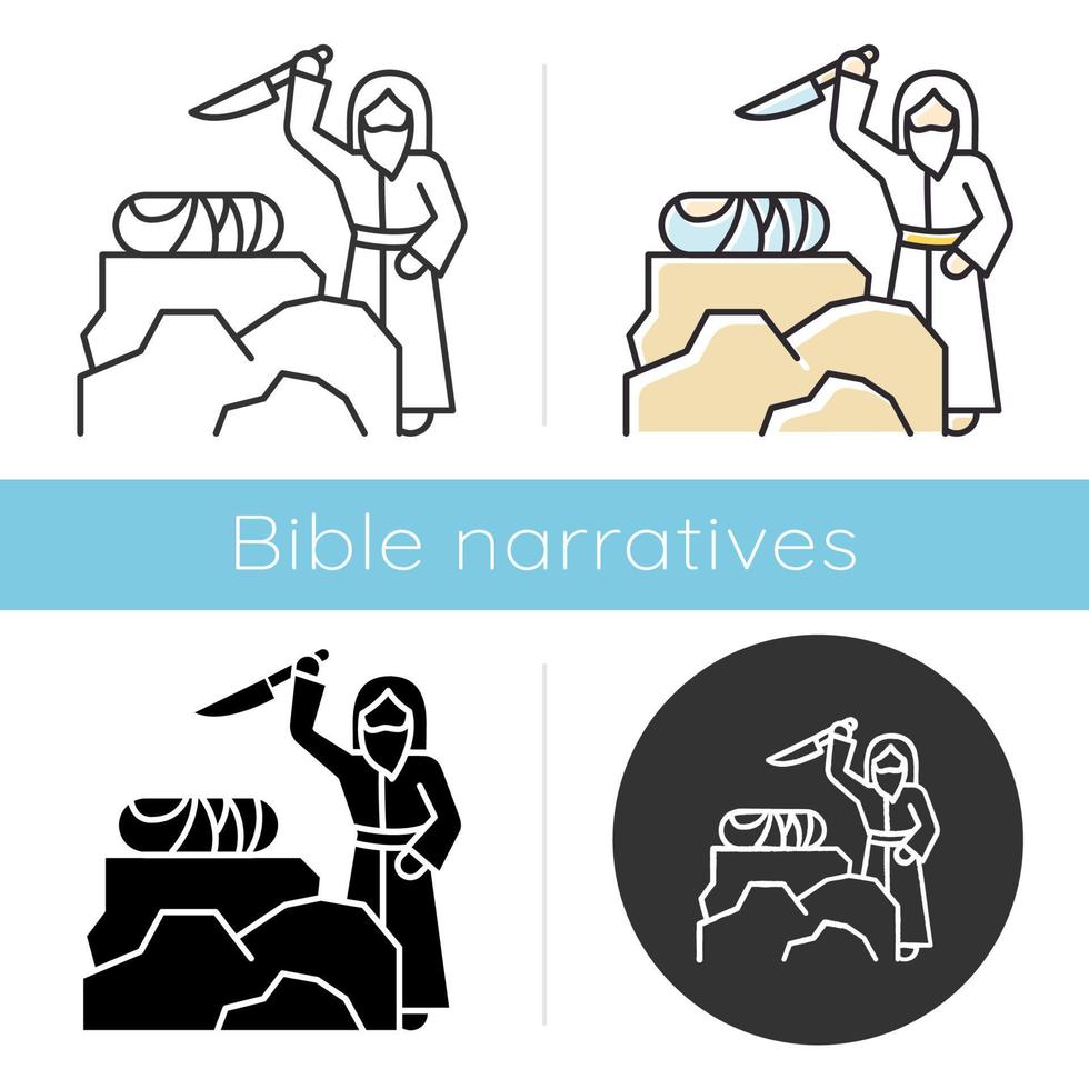 Binding of Isaac icon. Hebrew Bible story. Abraham sacrificing son on Moriah altar. Christian religion. Biblical narrative. Glyph, chalk, linear and color styles. Isolated vector illustrations
