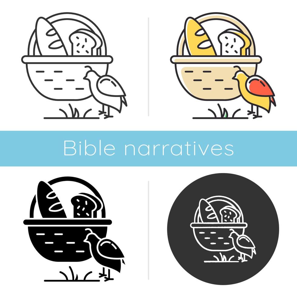 Manna and quail Bible story icon. Bread in basket. Religious legend. Christian religion, holy book scene plot. Biblical narrative. Glyph, chalk, linear and color styles. Isolated vector illustrations