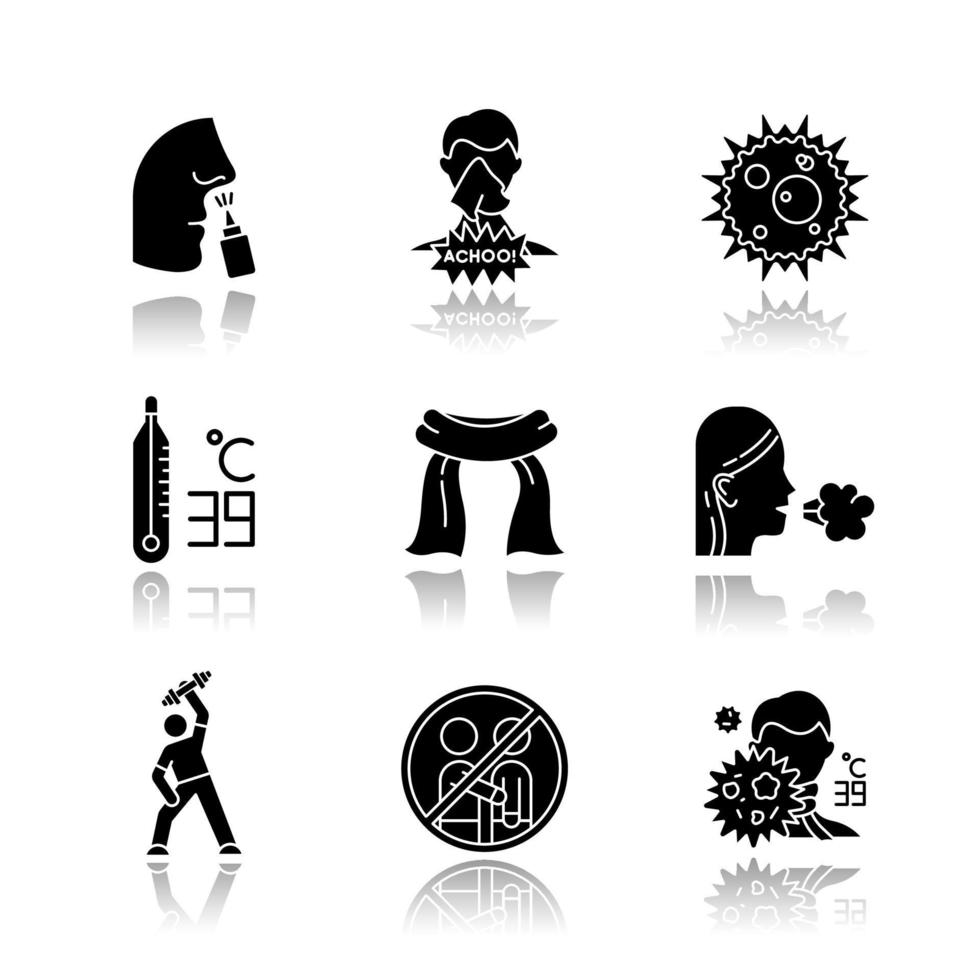 Common cold drop shadow black glyph icons set. Drip nose. Girl coughing. Influenza virus. Thermometer. Neckscarf. Exercise, sport. Avoid contact. Fever symptom. Isolated vector illustrations