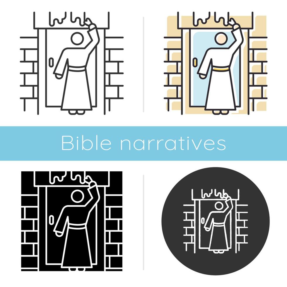 The Passover Bible story icon. Hebrews slavery. Ancient Egypt ten plagues. Christian religion. Exodus book Biblical narrative. Glyph, chalk, linear and color styles. Isolated vector illustrations