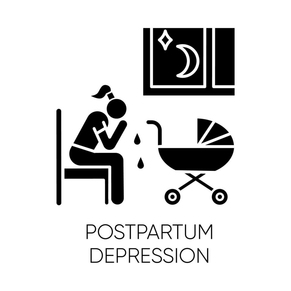 Postpartum depression glyph icon. Crying woman. Delivering infant. Exhaustion and insomnia. Mental problem. Postnatal anxiety. Silhouette symbol. Negative space. Vector isolated illustration