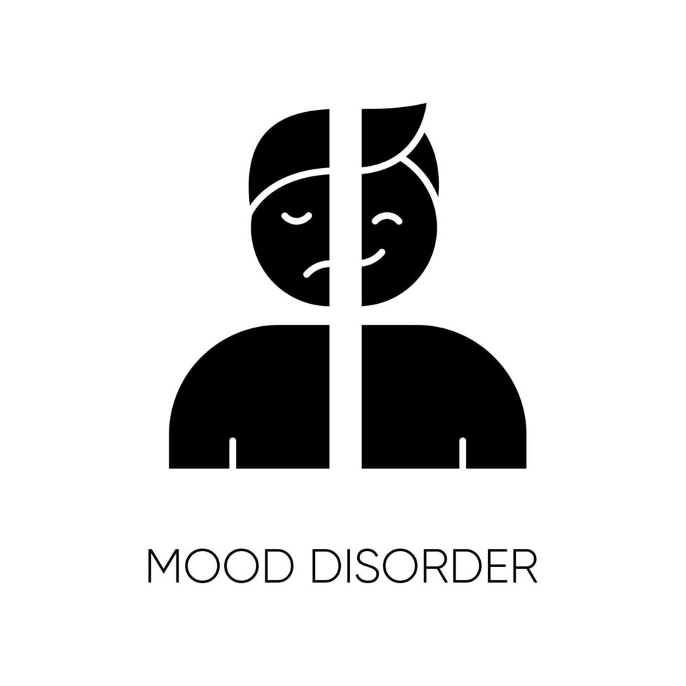 Mood disorder glyph icon. Manic and depressive episodes. Dysthymia, cyclothymia. Emotional swing. Happy and sad. Mental health. Silhouette symbol. Negative space. Vector isolated illustration