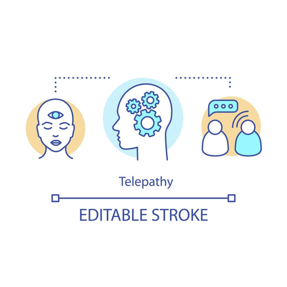 Telepathy concept icon. Mind reading, thought transference idea thin line illustration. Psychic abilities. Third eye and head with gears, communication vector isolated outline drawing. Editable stroke