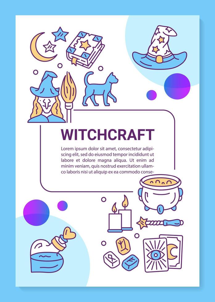 Witchcraft poster template layout. Banner, booklet, leaflet print design with linear icons. Witch and cat, magic wand and spellbook. Vector brochure page layouts for magazines, advertising flyers
