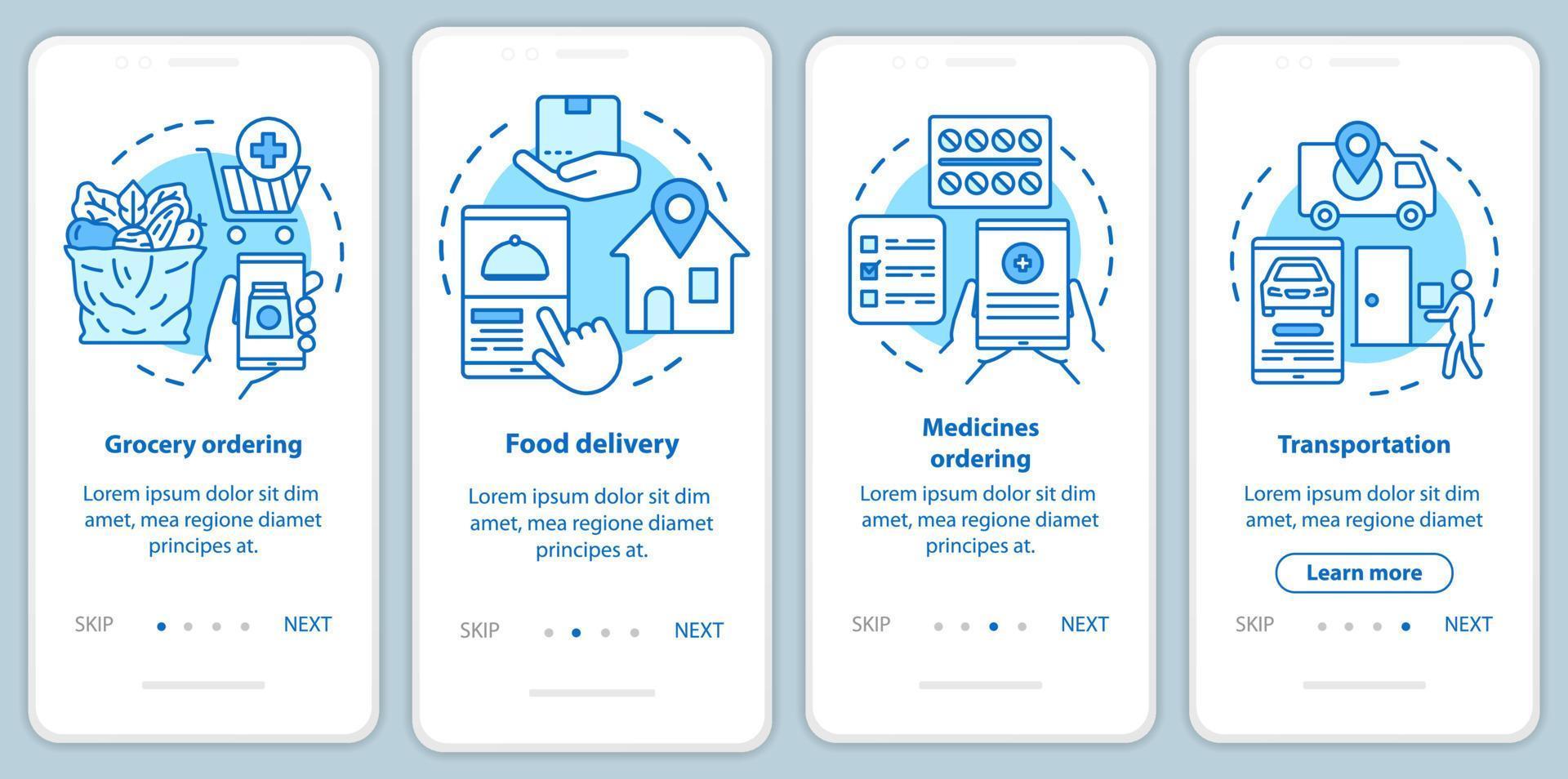 servicios de entrega que incorporan la pantalla de la página de la aplicación móvil con conceptos lineales. instrucciones gráficas de los pasos del tutorial de la industria del transporte comercial. ux, ui, plantilla de vector de interfaz gráfica de usuario con ilustraciones