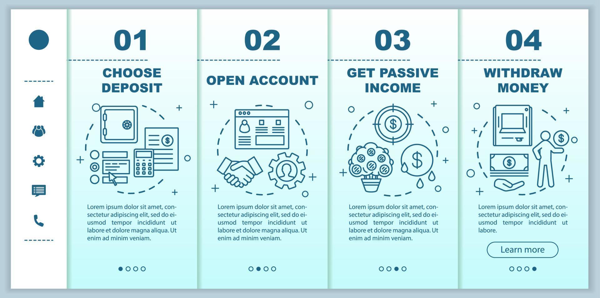 Deposit onboarding mobile web pages vector template. Banking service. Responsive smartphone website interface idea with linear illustrations. Webpage walkthrough step screens. Color concept