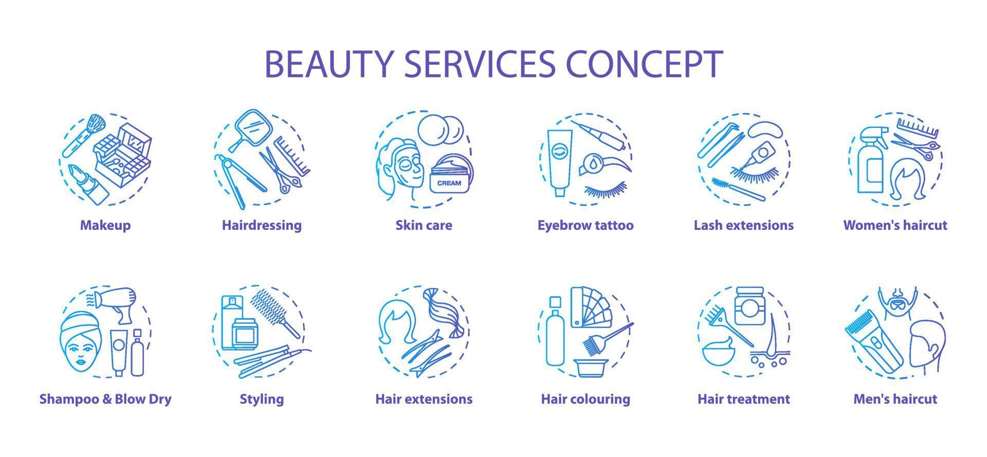 Beauty services concept icons set. Beauty salon, SPA skin care procedures idea thin line illustrations. Hairdresser and makeup. Blue gradient vector isolated outline drawings. Editable stroke