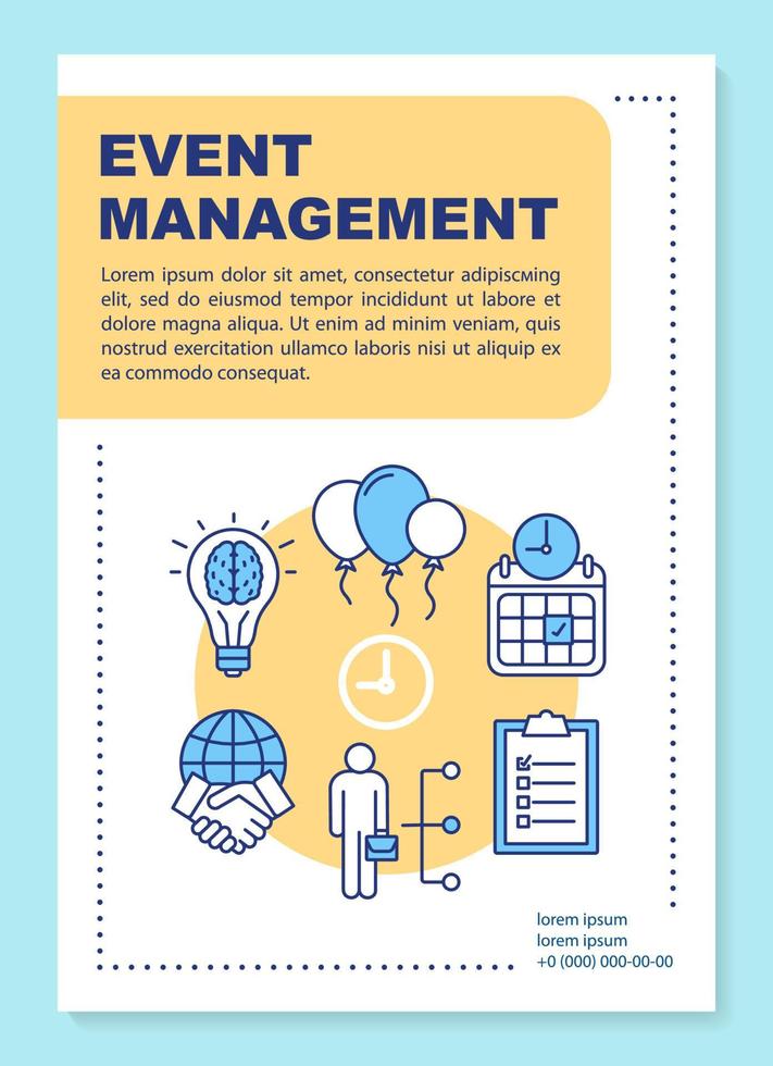 Event management poster template layout. Corporate party planning. event industry. Banner, booklet, leaflet print with linear icons. Vector brochure page layouts for magazines, advertising flyers