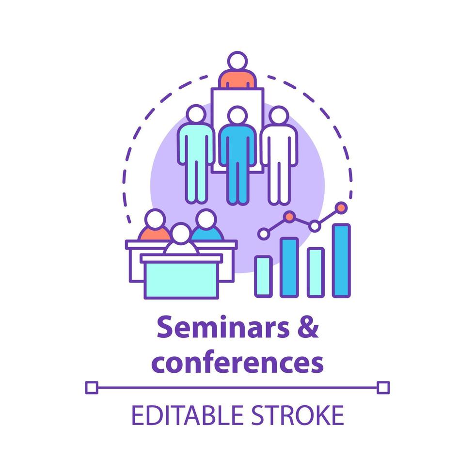 Seminars conferences concept icon. Corporate events idea thin line illustration. Business meetings, trainings. Company presentation. Briefing, public speech. Vector isolated drawing. Editable stroke