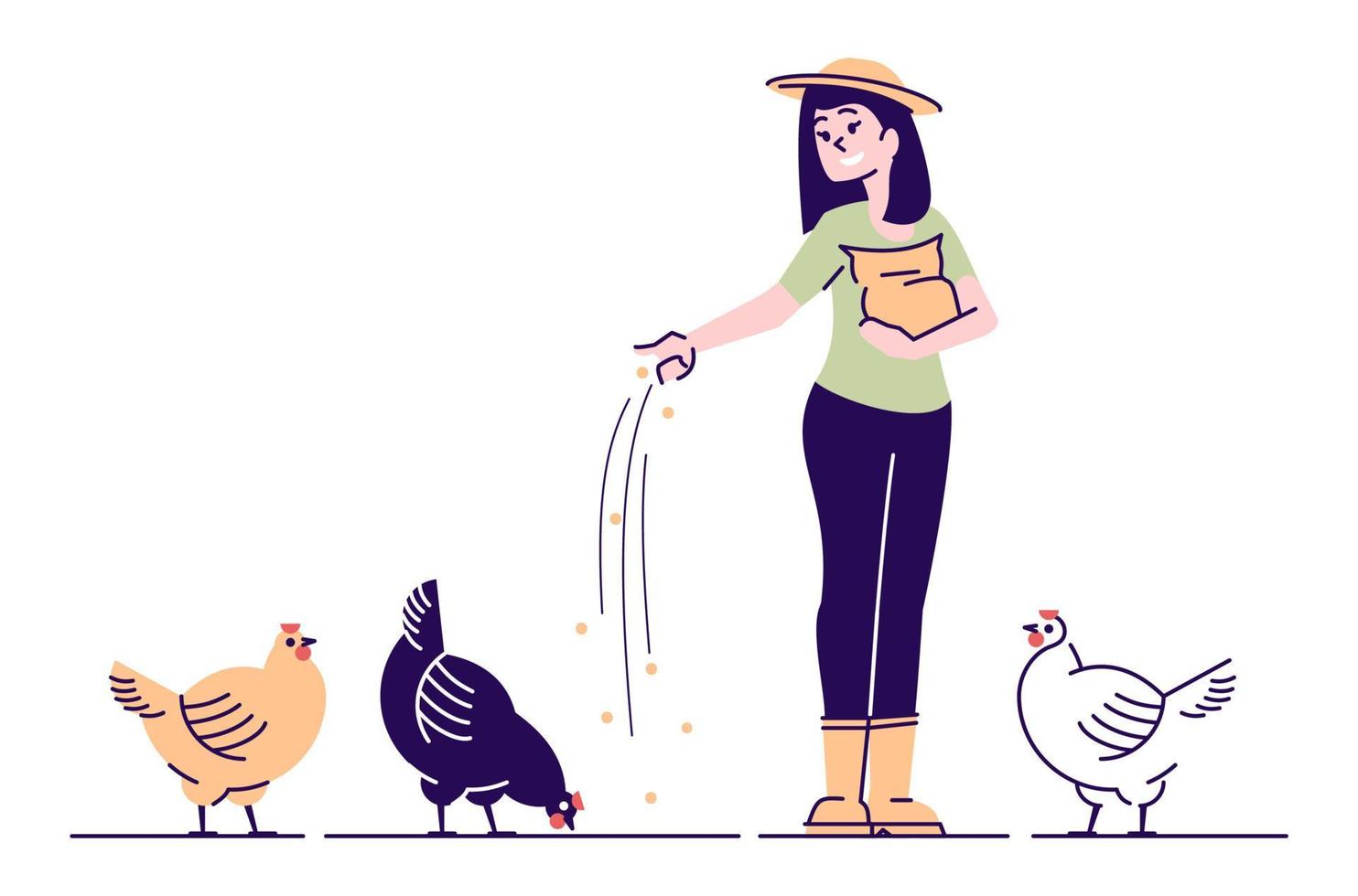 Female farmer feeding chickens flat vector character. Poultry backyard farm cartoon concept with outline. Rural woman feeding hens with grain. Poultry breeding, hennery, organic bird agriculture