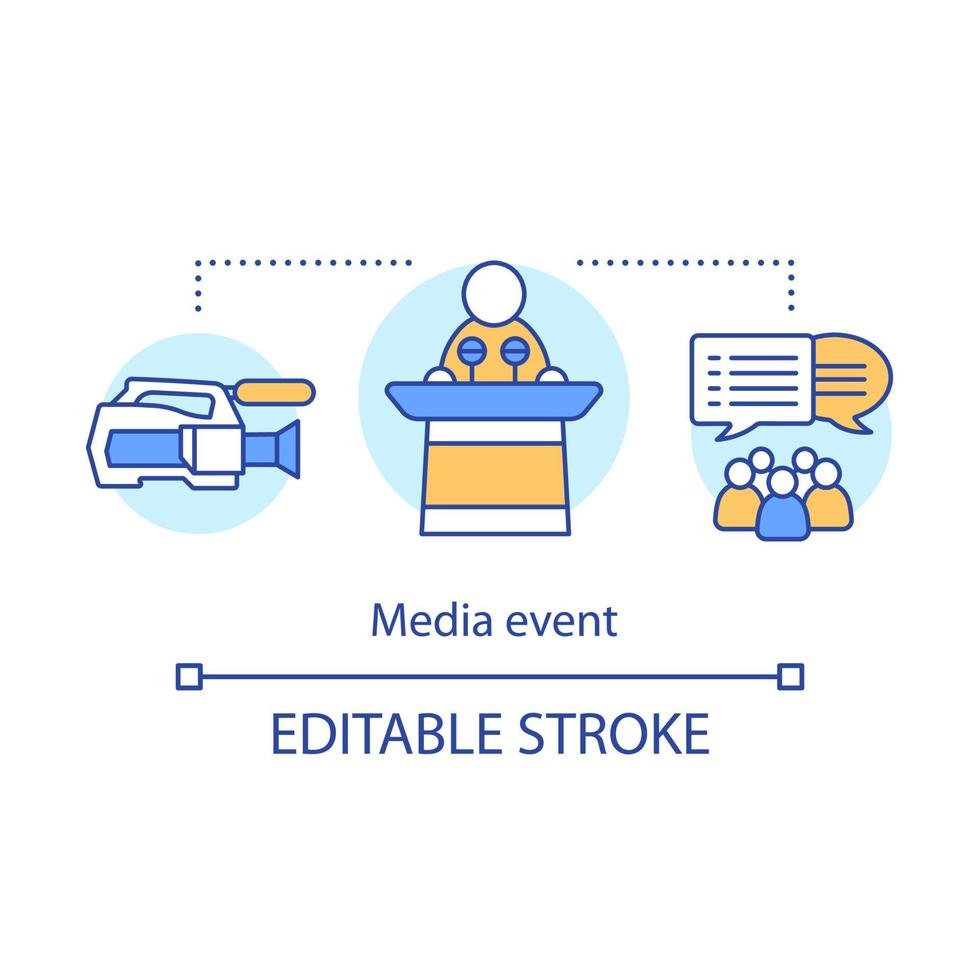 Media event concept icon. Organization idea thin line illustration. Video shooting. Event agency. Mass media. Breaking news. Vector isolated outline drawing. Editable stroke