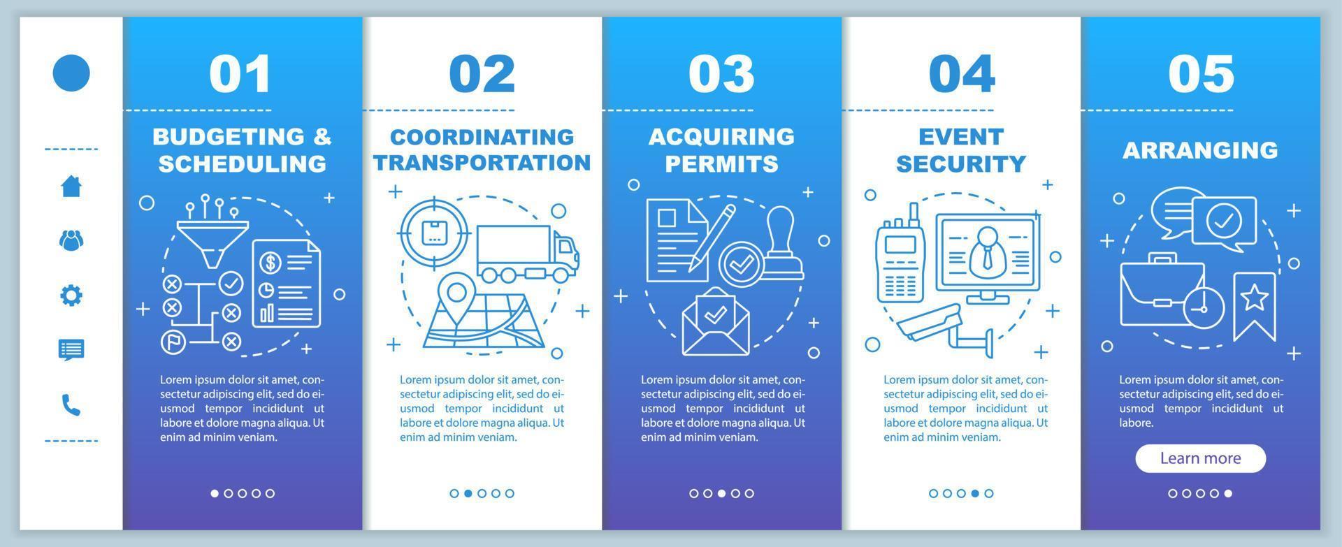 Event planning onboarding mobile web pages vector template. Budgeting and scheduling, arranging, transportation. Responsive smartphone website interface idea with linear illustrations