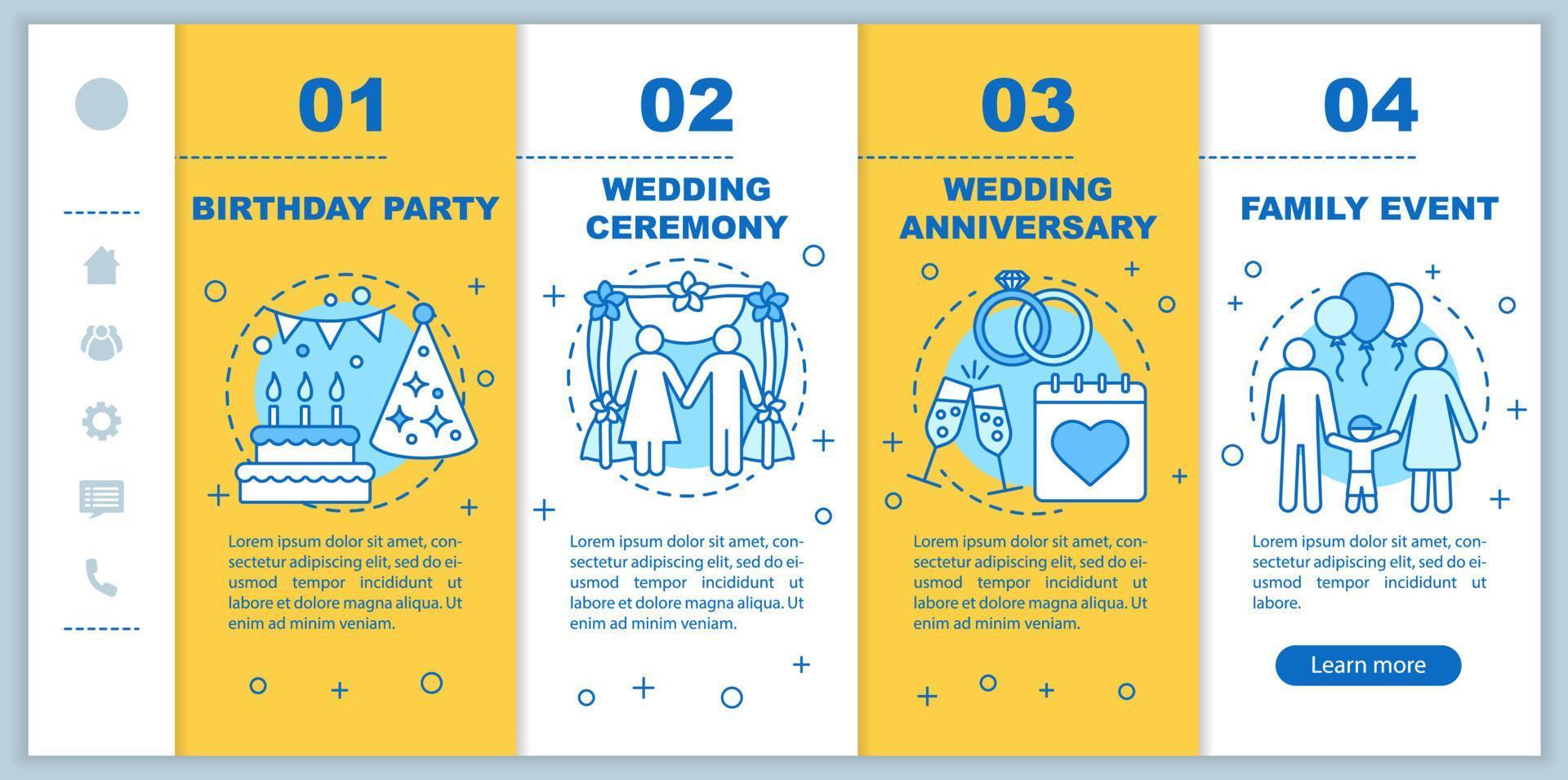 Event management and planning services onboarding mobile web pages vector template. Birthday party, wedding ceremony. Responsive smartphone website interface idea with linear illustrations