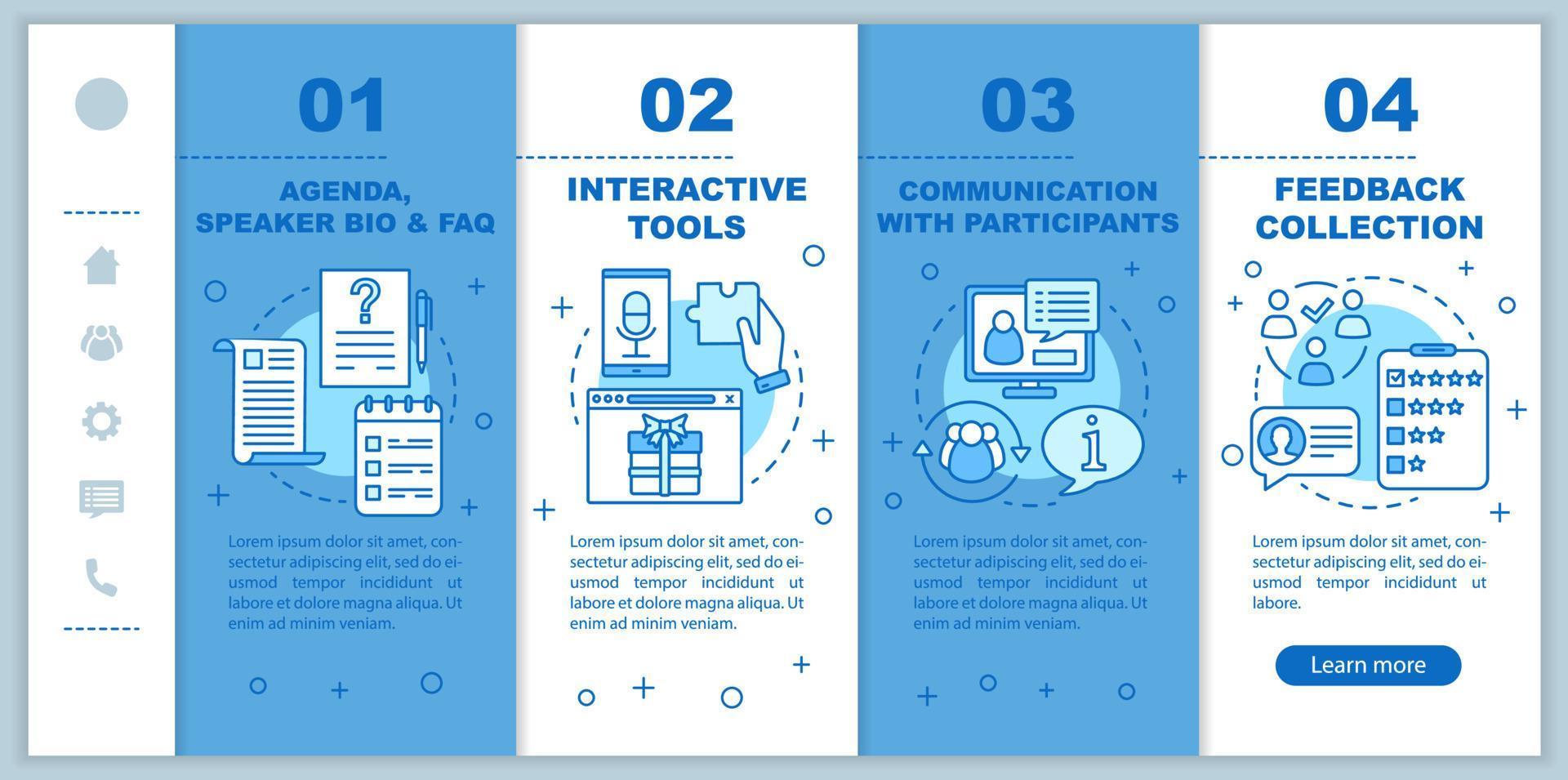 Event app onboarding mobile web pages vector template. Interactive tools, communication with participants. Responsive smartphone website interface idea with linear illustrations
