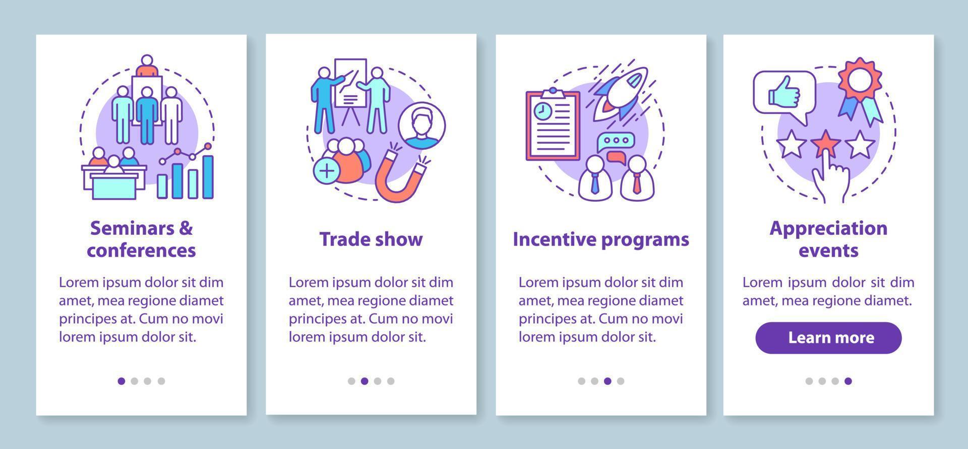 Corporate event management onboarding mobile app page screen with linear concepts. Seminars conferences, incentive programs, appreciation events walkthrough instructions. UX, UI, GUI vector template