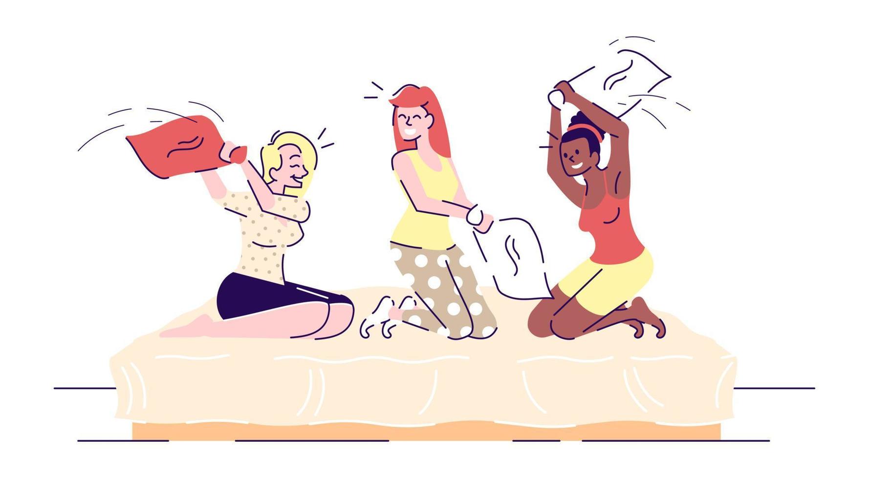 Girls pillow fighting flat vector illustrations. Female friends sitting on bed having pajama party. Sisters, siblings playing in bedroom cartoon characters with outline elements on white background