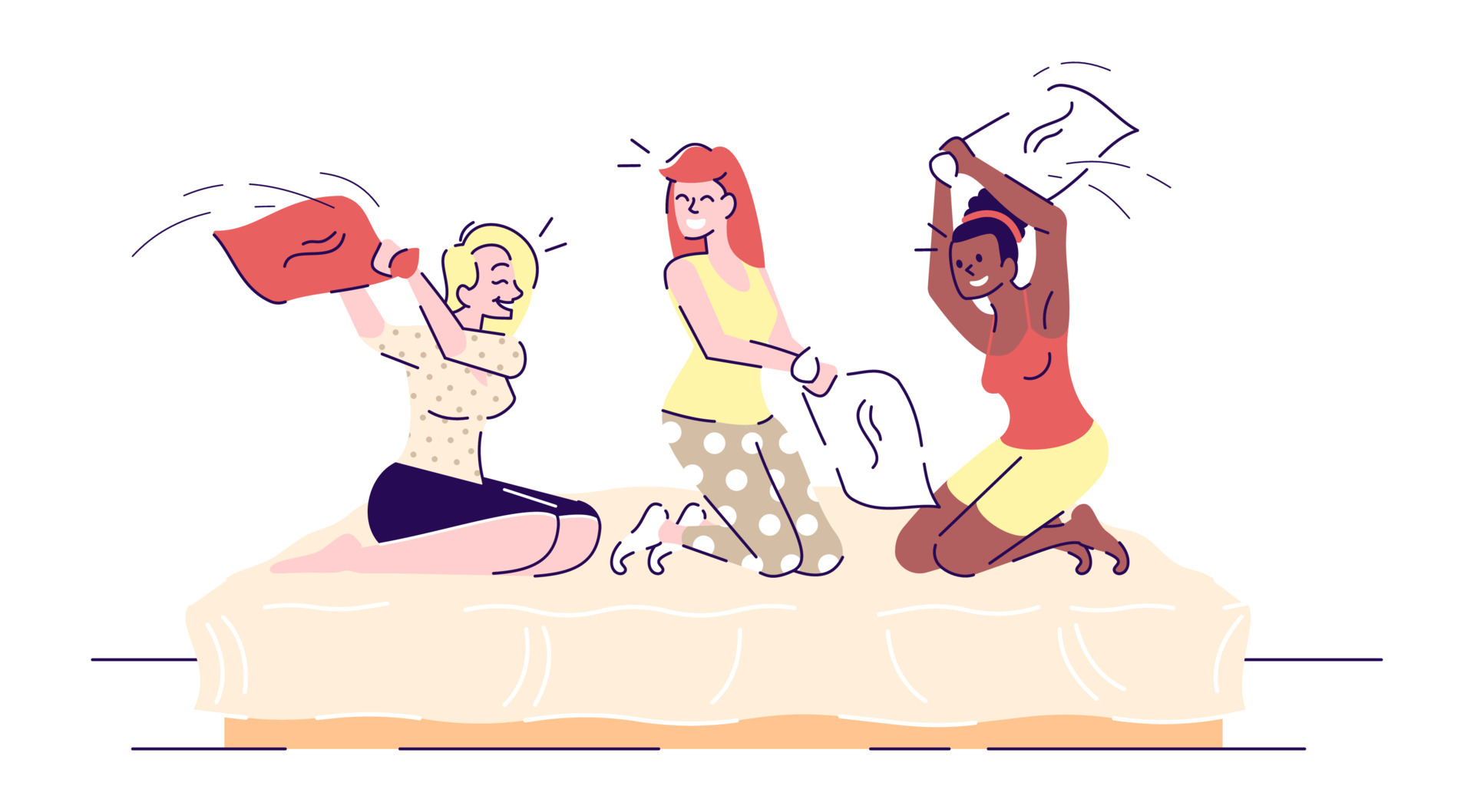 Girls pillow fighting flat vector illustrations. Female friends sitting on  bed having pajama party. Sisters, siblings playing in bedroom cartoon  characters with outline elements on white background 4985871 Vector Art at  Vecteezy