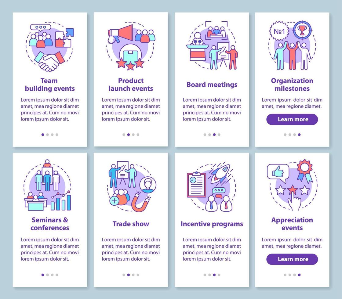 Corporate events management onboarding mobile app page screen with linear concepts. Company special events planner walkthrough steps graphic instructions. UX, UI, GUI vector template with illustration
