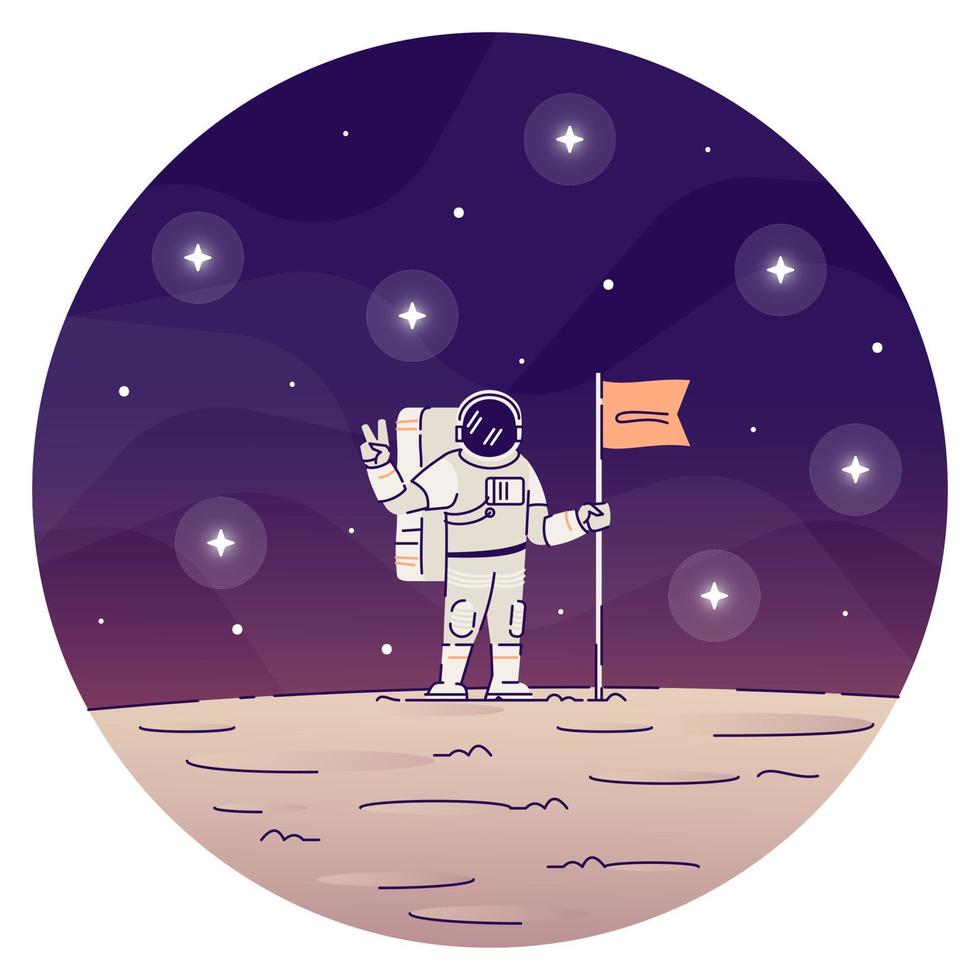 astronauta plantando la bandera en el icono del concepto plano de la luna. Cosmonauta masculino vistiendo trajes espaciales, haciendo el signo de la paz con una pegatina de mano, clipart. Planeta aterrizaje aislado ilustración de dibujos animados sobre fondo blanco. vector