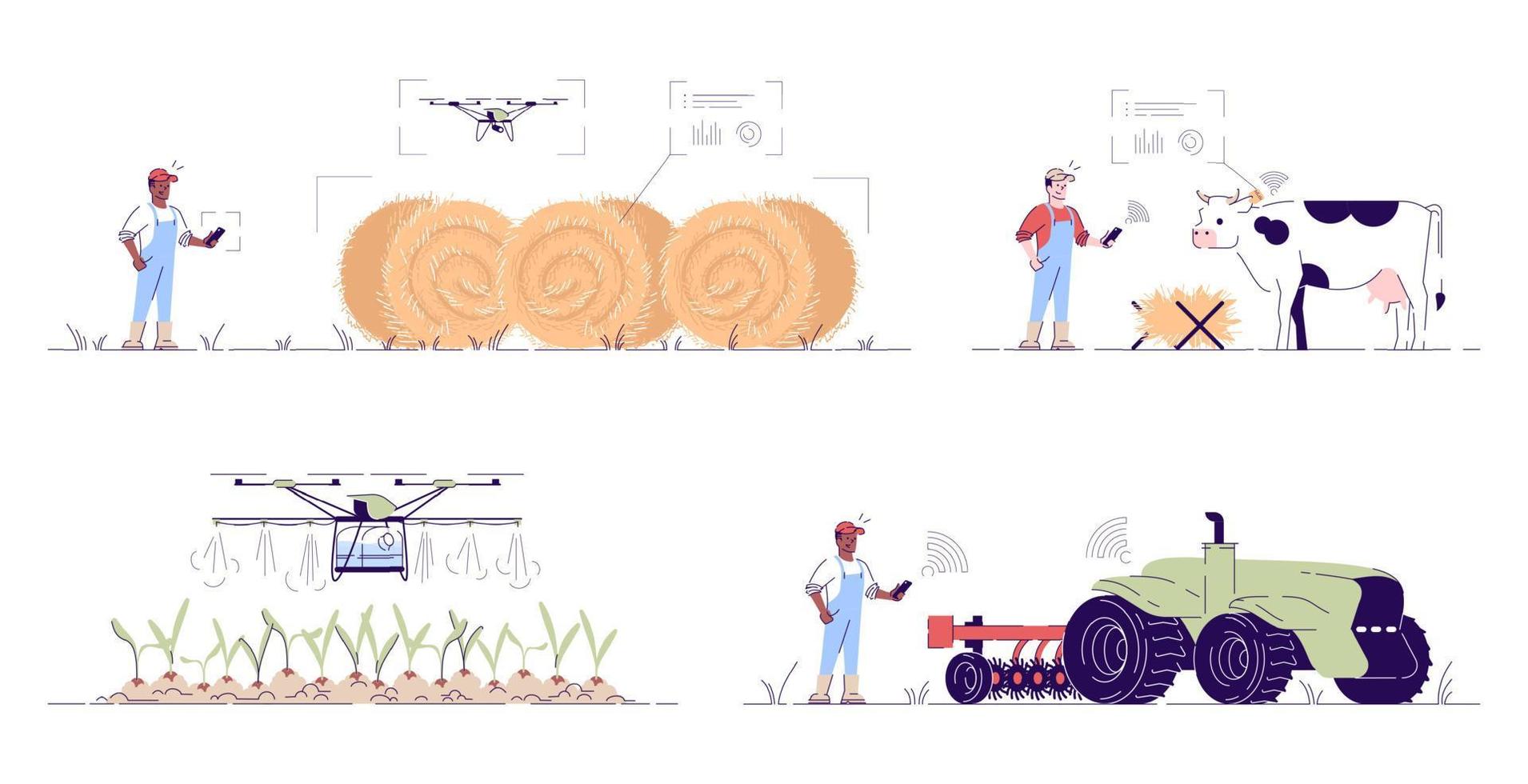 Conjunto de ilustraciones vectoriales planas de agricultura inteligente. conceptos de dibujos animados de agricultura autónoma de alta tecnología con contorno. drones agrícolas, uav. tecnologías e innovaciones digitales ag de precisión, iot en la agricultura vector