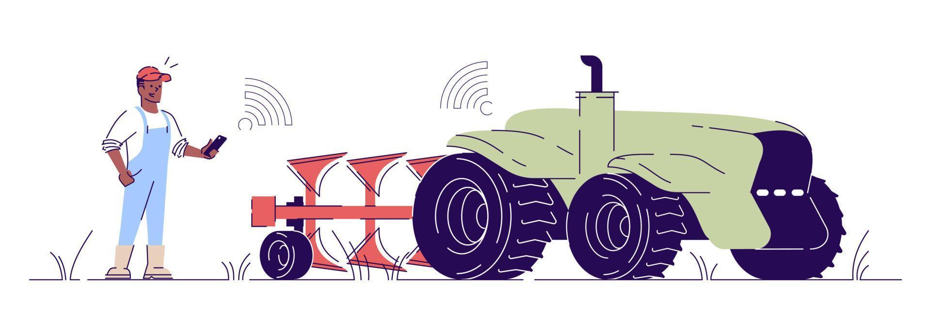 Driverless tractor flat vector illustration. Autonomous agricultural machinery outline concept. Farmer character control cultivator with smartphone. Smart agriculture implement isolated design element