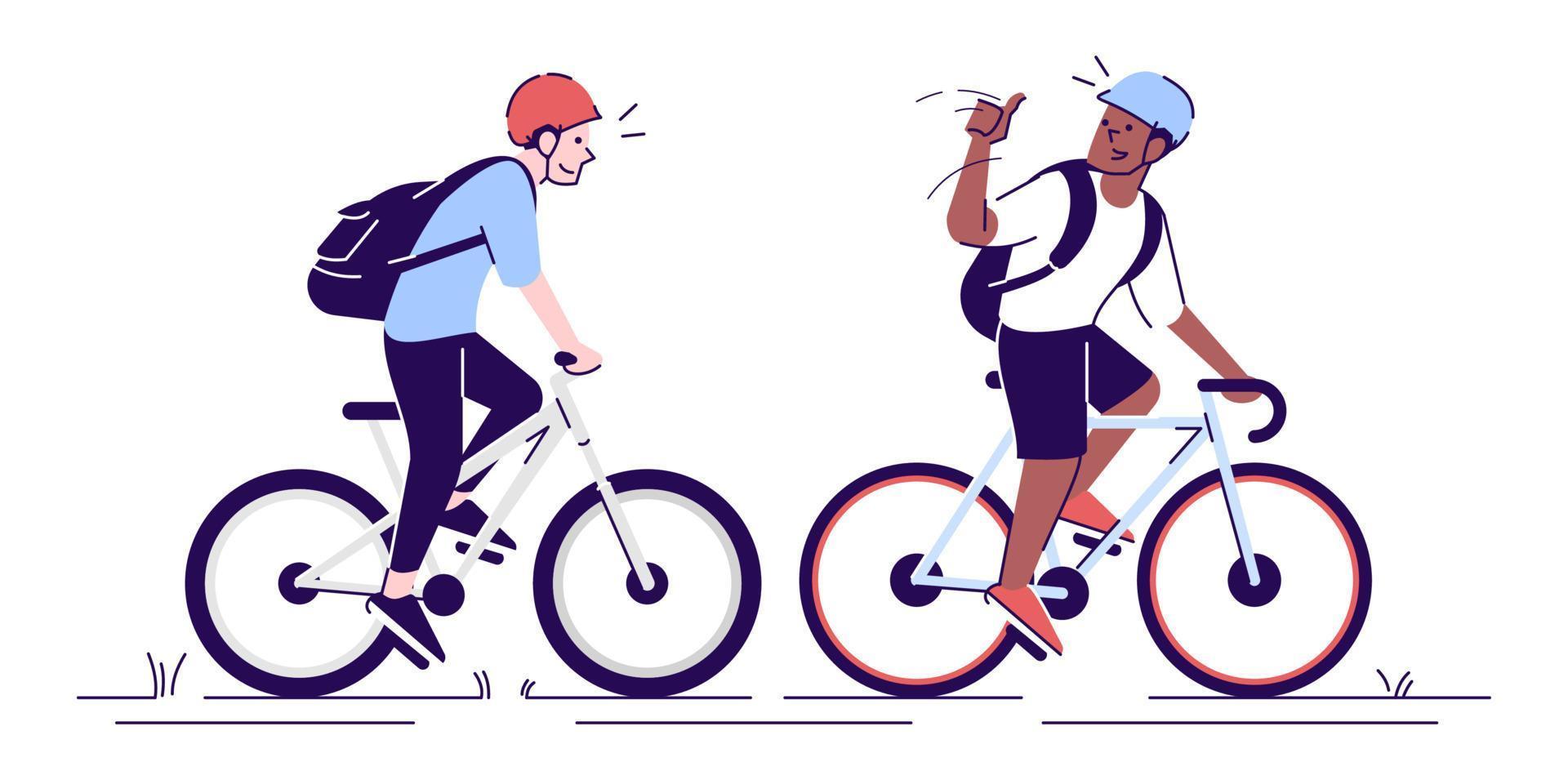 Friends riding bicycles flat vector illustrations. Cyclists with helmets, sportsmen, athletes on bikes. Tourists with backpacks isolated cartoon characters with outline elements on white background